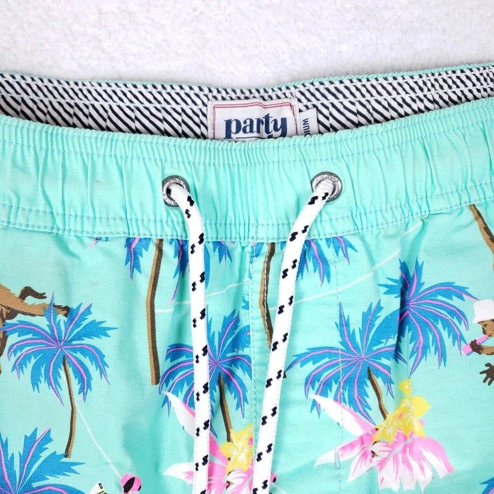 Party Pants Swim Trunks Mens M Aqua Tropical Monkey Palm Tree Beach Party Shorts - Picture 3 of 16